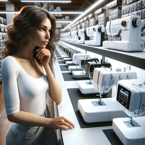 Mujer en tienda de máquinas de coser contemplando diferentes modelos para elegir la mejor opción.