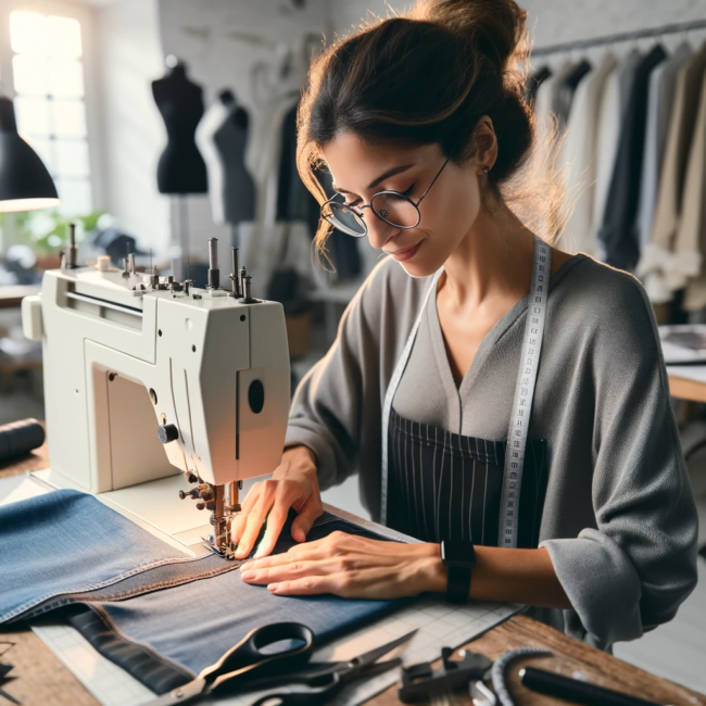 Experto en costura trabajando en una máquina de coser profesional en un taller bien equipado, rodeado de herramientas y telas de alta calidad.