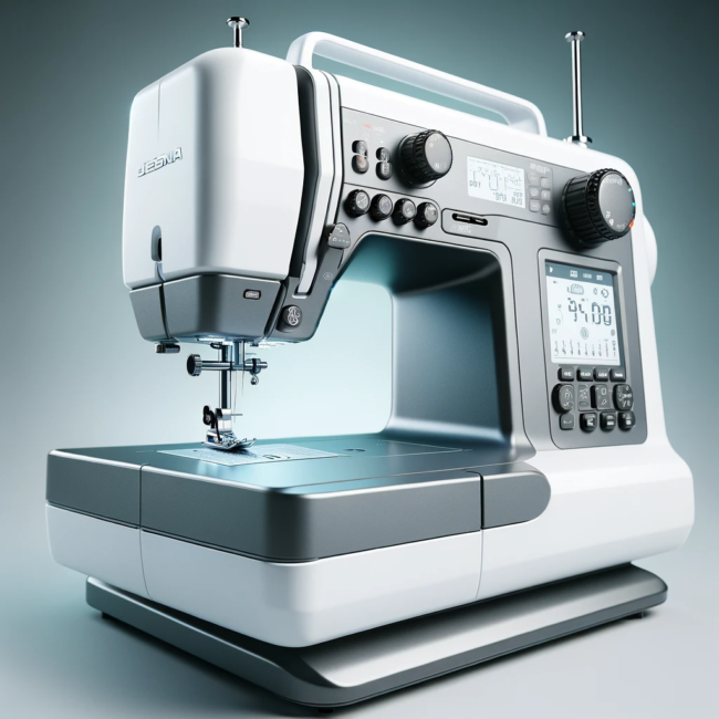 Máquina de coser computarizada con pantalla digital y controles modernos.