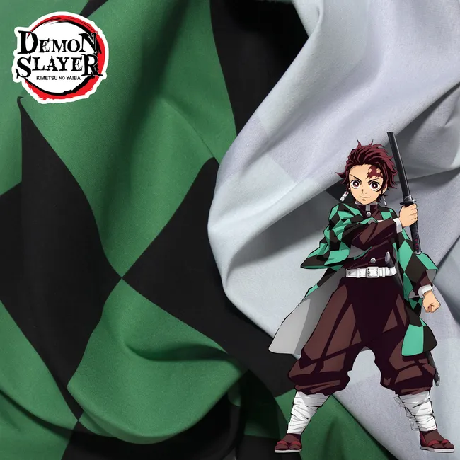 Tela para confeccionar el kimono del disfraz de Tanjiro Kamado de Kimetsu No Yaiba o Demon Slayer, por metro y por rollo, telas Bogotá, telas Medellín, telas Cali, telas Colombia, telas alquería, Textti