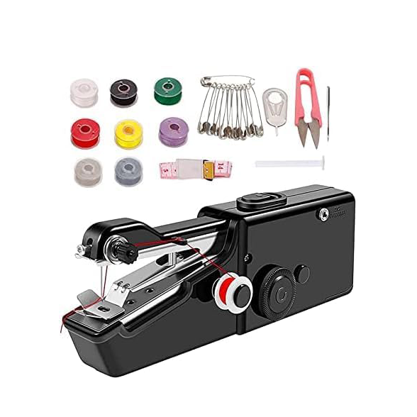 Máquina de coser portátil GUSSLM Mini negra con accesorios de costura.