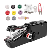 Máquina de coser portátil GUSSLM Mini negra con accesorios de costura.