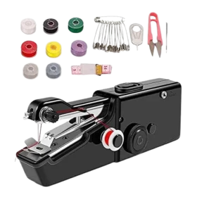 Máquina de coser portátil GUSSLM Mini negra con accesorios de costura.