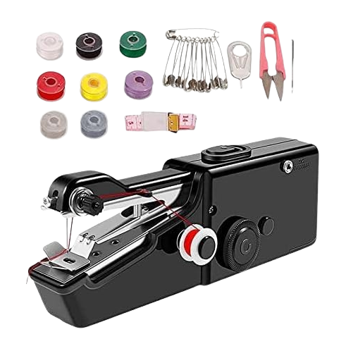 Máquina de coser portátil GUSSLM Mini negra con accesorios de costura.