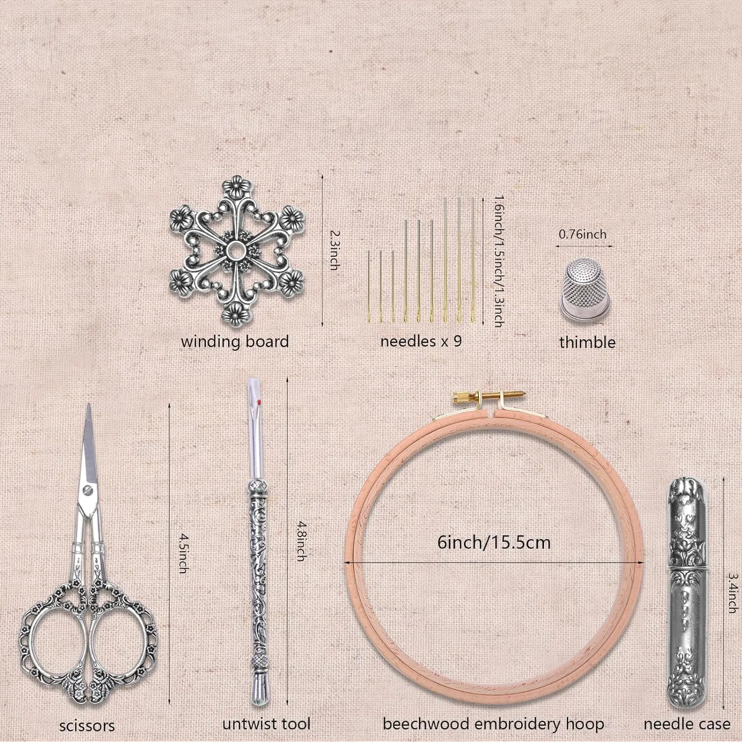 Kit de Bordado Vintage XEmbro con tijeras ornamentadas y accesorios.