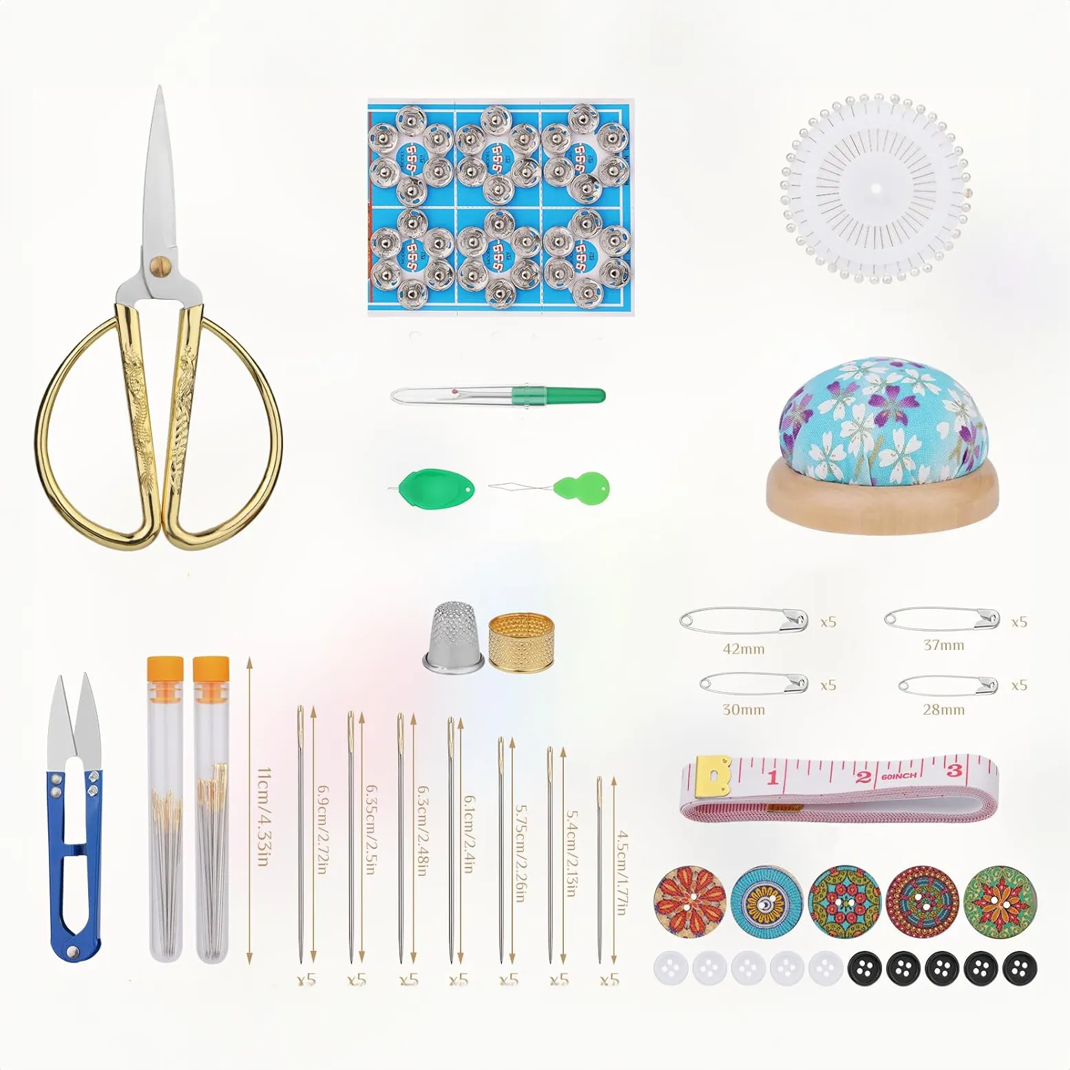 Kit de costura en caja de madera con accesorios variados.