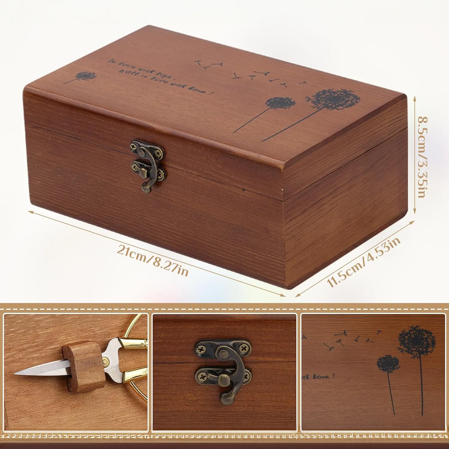 Kit de costura en caja de madera con accesorios variados.