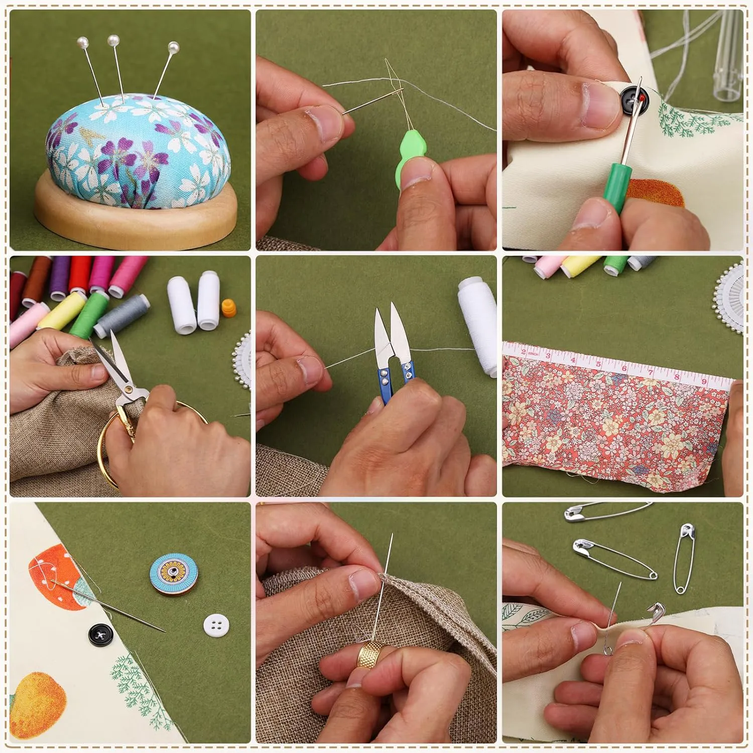 Kit de costura en caja de madera con accesorios variados.