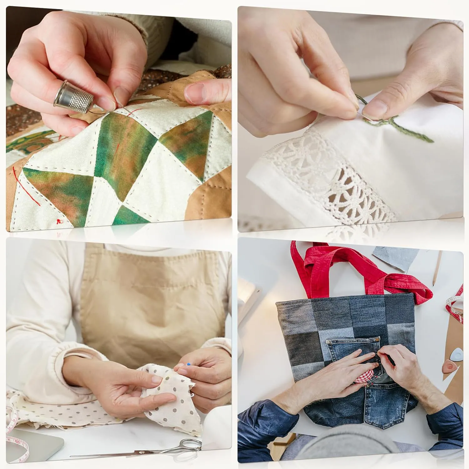 Kit de costura en caja de madera con accesorios variados.