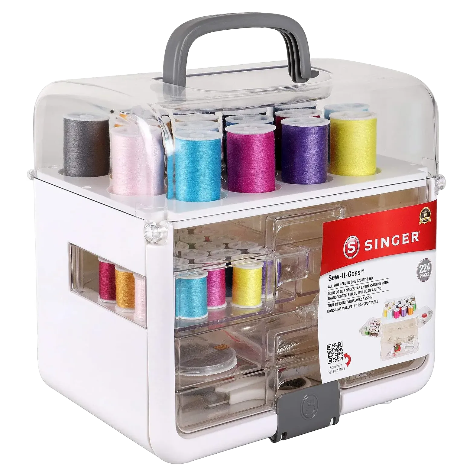 Kit de Costura Singer Sew-It-Goes abierto con hilos, tijeras y accesorios.