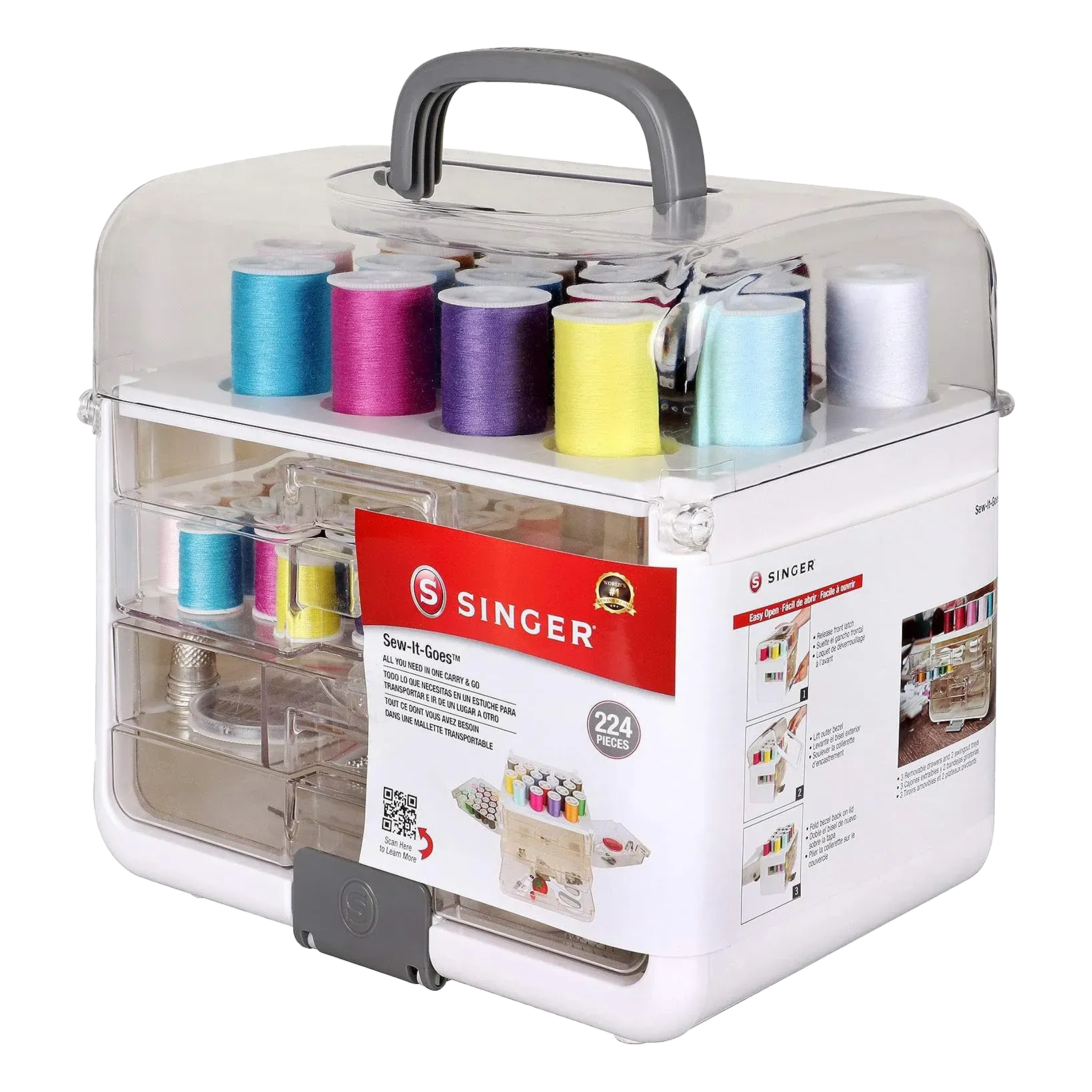 Kit de Costura Singer Sew-It-Goes abierto con hilos, tijeras y accesorios.