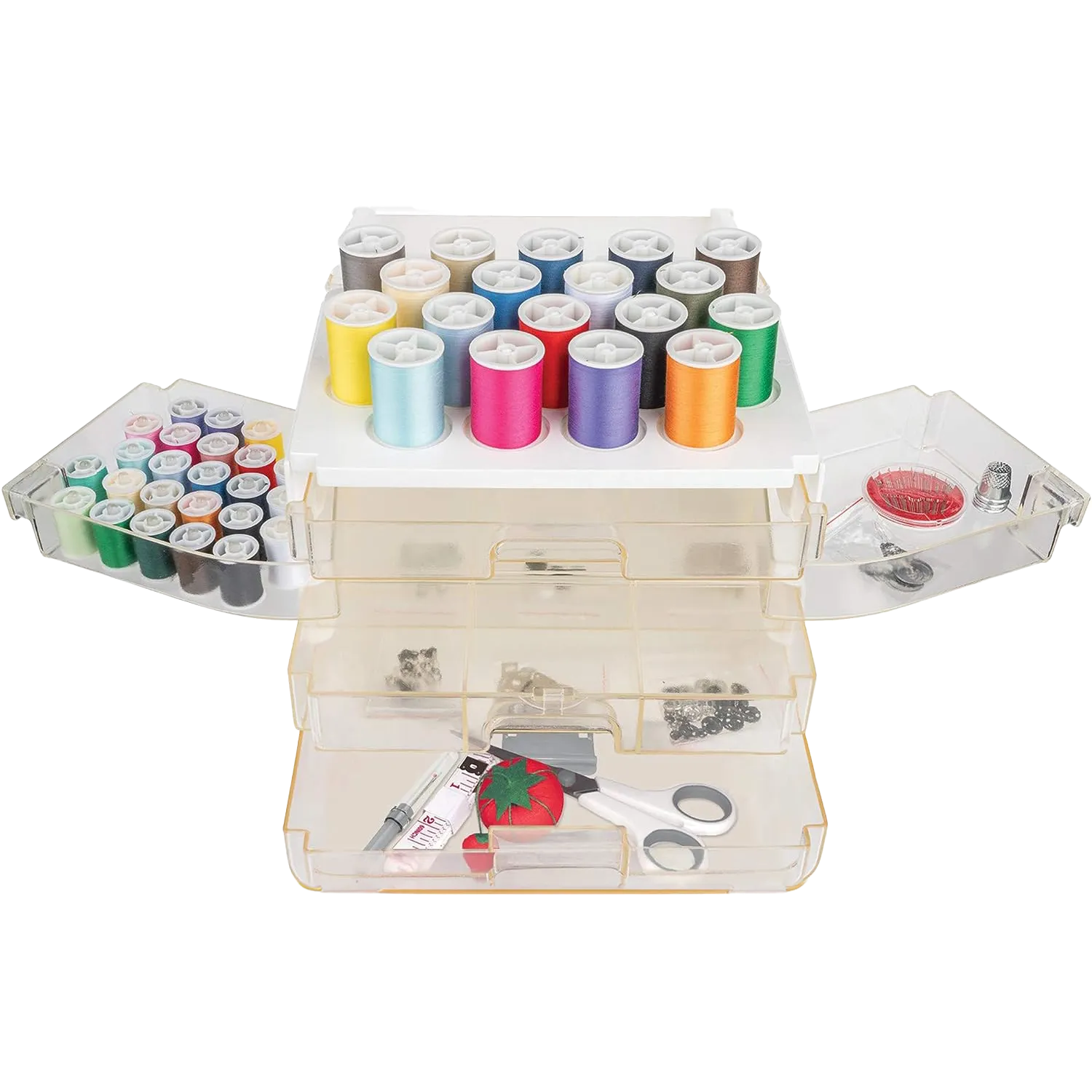 Kit de Costura Singer Sew-It-Goes abierto con hilos, tijeras y accesorios.