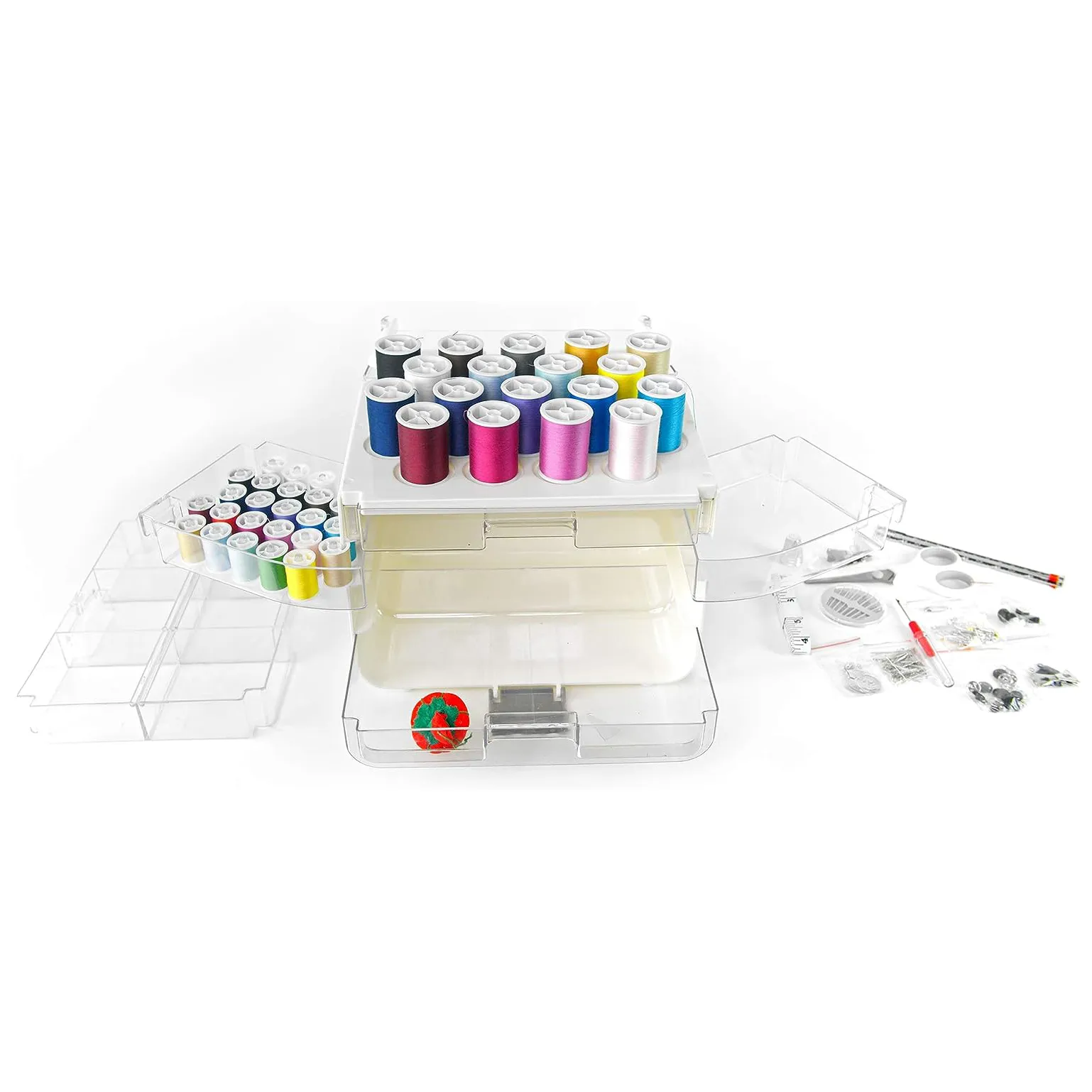 Kit de Costura Singer Sew-It-Goes abierto con hilos, tijeras y accesorios.