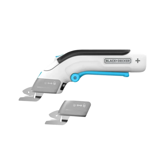 Tijeras eléctricas inalámbricas BLACK+DECKER 4V MAX con cuchillas intercambiables.