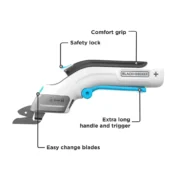 Tijeras eléctricas inalámbricas BLACK+DECKER 4V MAX con cuchillas intercambiables.