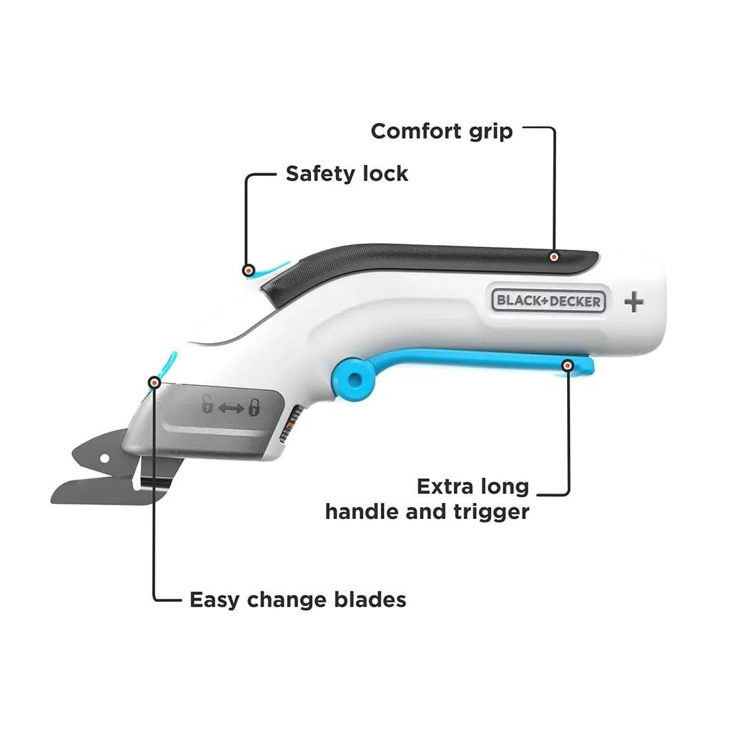 Tijeras eléctricas inalámbricas BLACK+DECKER 4V MAX con cuchillas intercambiables.