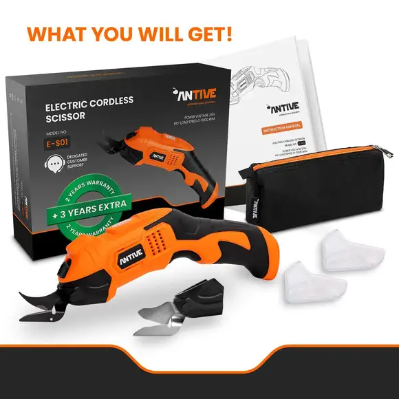 Tijeras Eléctricas Inalámbricas Antive con accesorios.