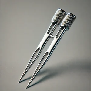 Imagen de una aguja doble mostrando dos puntas montadas en un solo vástago, diseñada para crear costuras paralelas.