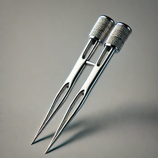 Imagen de una aguja doble mostrando dos puntas montadas en un solo vástago, diseñada para crear costuras paralelas.