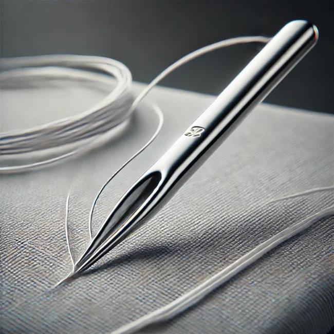 Imagen de una aguja de bordado mostrando su punta fina y afilada, con hilo de bordar y tela cercana.