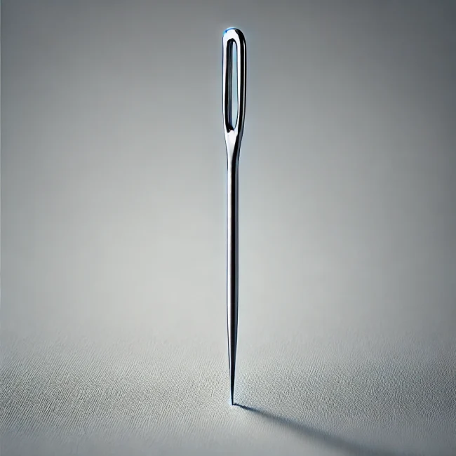 Imagen realista de una aguja de coser a mano mostrando su punta fina y afilada en un fondo neutral.