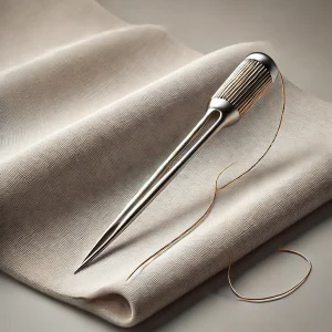 Imagen de una aguja de hilvanar mostrando su forma larga y fina, con tela y hilo de hilvanar cercanos.