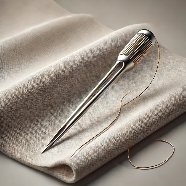 Imagen de una aguja de hilvanar mostrando su forma larga y fina, con tela y hilo de hilvanar cercanos.