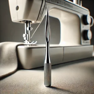 Imagen de una aguja de máquina de coser mostrando su longitud completa, punta afilada y ojo para enhebrar, con una máquina de coser ligeramente desenfocada en el fondo y tela cercana.