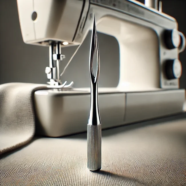 Imagen de una aguja de máquina de coser mostrando su longitud completa, punta afilada y ojo para enhebrar, con una máquina de coser ligeramente desenfocada en el fondo y tela cercana.