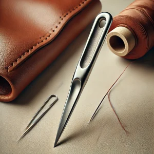 Imagen de una aguja de piel mostrando su punta afilada y triangular, con cuero y herramientas de trabajo en cuero cercanas.