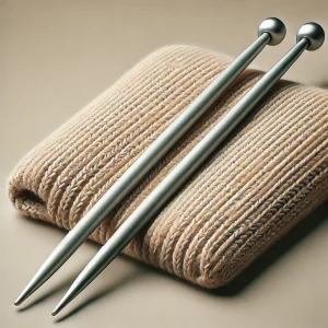 Imagen de dos agujas de punto mostrando su longitud completa, punta redondeada y capuchón, con tejido de punto cercano.