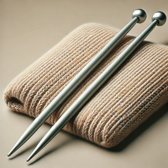 Imagen de dos agujas de punto mostrando su longitud completa, punta redondeada y capuchón, con tejido de punto cercano.