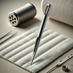 Imagen de una aguja de quilting mostrando su longitud completa, punta afilada y ojo para enhebrar, con tela acolchada y herramientas de quilting cercanas.