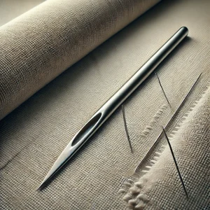 Imagen de una aguja de tapicería mostrando su longitud y punta afilada, con tela gruesa de tapicería y herramientas de tapicería cercanas.