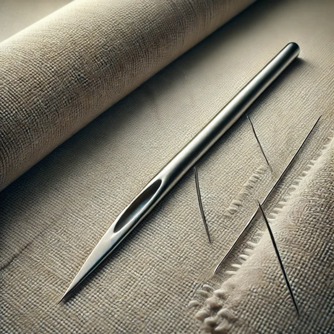 Imagen de una aguja de tapicería mostrando su longitud y punta afilada, con tela gruesa de tapicería y herramientas de tapicería cercanas.