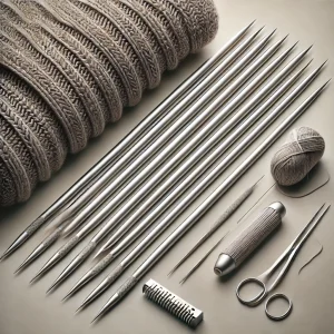 Imagen de agujas de tejer mostrando su longitud, punta afilada y tope en el extremo, con tela de punto y herramientas de tejido cercanas.
