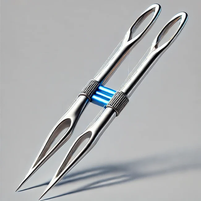 Imagen de una aguja gemela mostrando dos puntas montadas en un solo vástago con una barra azul en la parte superior.