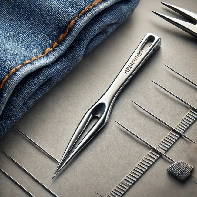 Imagen de una aguja para jeans mostrando su robustez y punta afilada, con tela de mezclilla y herramientas de costura cercanas.