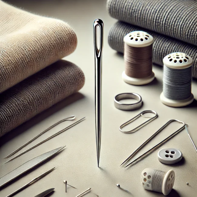 Imagen de una aguja universal mostrando su punta ligeramente redondeada, con varios tipos de tela y herramientas de costura cercanas.