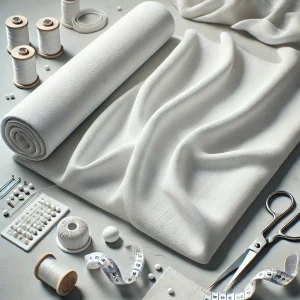 Imagen de tejido de algodón batista mostrando su finura y suavidad, con varios tipos de tela de algodón batista y herramientas de costura cercanas.