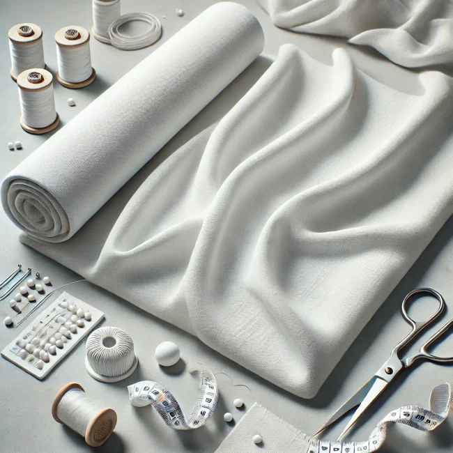 Imagen de tejido de algodón batista mostrando su finura y suavidad, con varios tipos de tela de algodón batista y herramientas de costura cercanas.