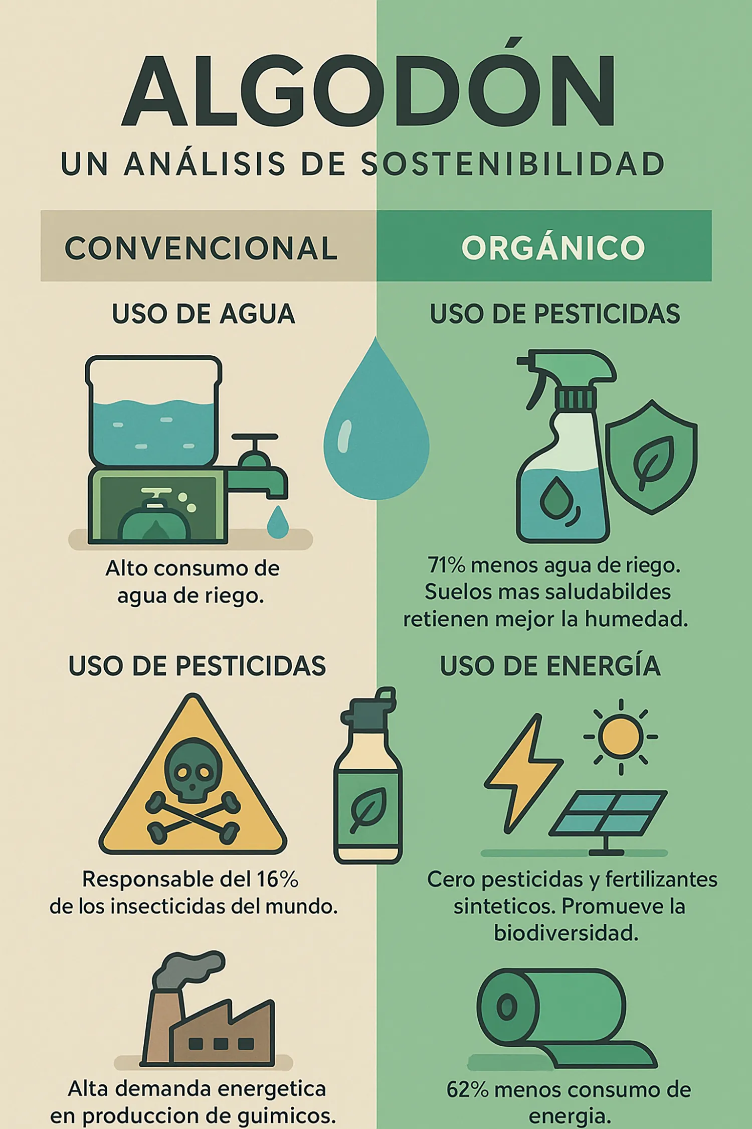 Infografía comparando el impacto ambiental del algodón convencional y el algodón orgánico en uso de agua, energía y pesticidas.
