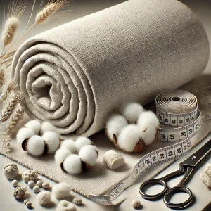Imagen de tejido de algodón crudo mostrando su estado natural y sin procesar, con varios tipos de tela de algodón crudo y herramientas de costura cercanas.