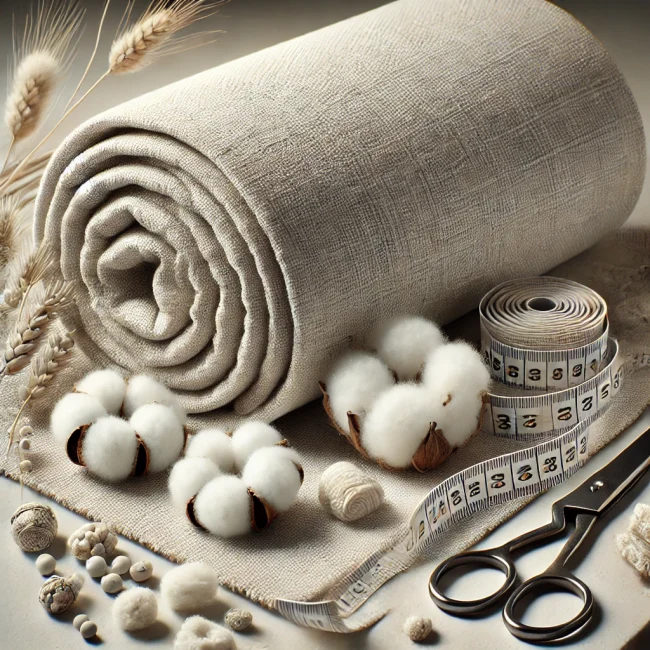 Imagen de tejido de algodón crudo mostrando su estado natural y sin procesar, con varios tipos de tela de algodón crudo y herramientas de costura cercanas.