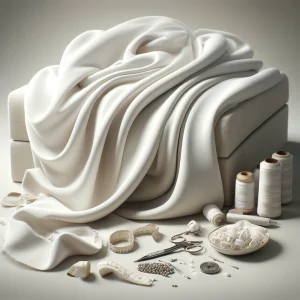 Imagen de tejido de algodón egipcio mostrando su suavidad y lujo, con varios tipos de tela de algodón egipcio y herramientas de costura cercanas.