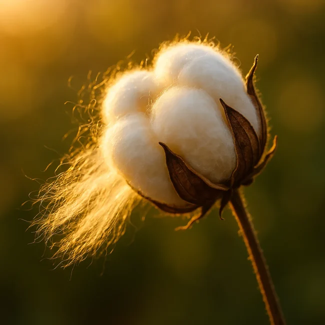 Fotografía macro de una cápsula de algodón de alta calidad abierta en la planta, con iluminación cinematográfica que resalta la pureza y textura de la fibra.