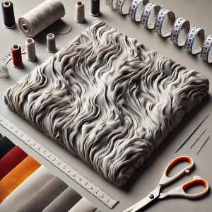 Imagen de tejido de algodón flamé mostrando su textura irregular y atractiva, con varios tipos de tela de algodón flamé y herramientas de costura cercanas.