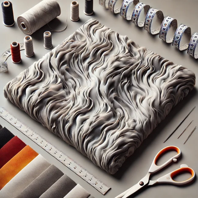 Imagen de tejido de algodón flamé mostrando su textura irregular y atractiva, con varios tipos de tela de algodón flamé y herramientas de costura cercanas.