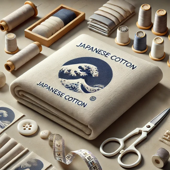 Imagen de tejido de algodón japonés mostrando su suavidad y durabilidad, con varios tipos de tela de algodón japonés y herramientas de costura cercanas.