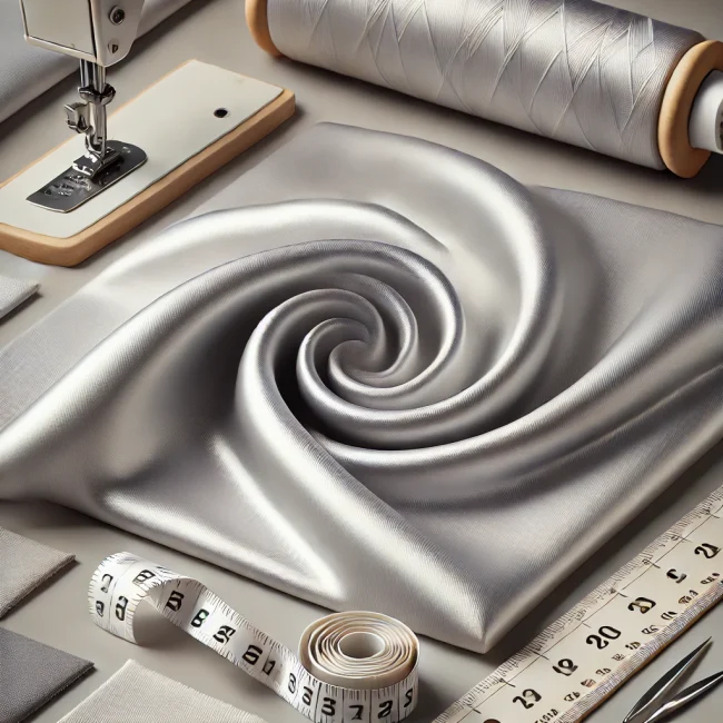 Imagen de tejido de algodón mercerizado mostrando su brillo y suavidad, con varios tipos de tela de algodón mercerizado y herramientas de costura cercanas.